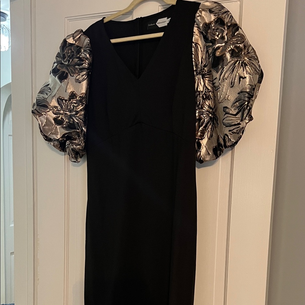 Chic Black Dress with Metallic Floral Sleeves
